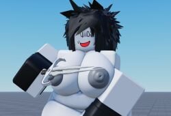 2025 3d ass baseplate belly_button big_ass big_breasts black_gloves black_hair breasts chubby completely_nude covering_crotch crimstuff dagger day fingerless_gloves forsaken_(roblox) gloves gloves_only holding_weapon looking_at_viewer nervous_smile nervous_sweat nipples no_visible_genitalia nonbinary nonbinary_(lore) nude open_mouth outdoors roblox roblox_game robloxian short_hair sleeveless smile solo spiky_hair standing stomach thick_thighs thighs two_time white_eyes white_skin zaduworkz