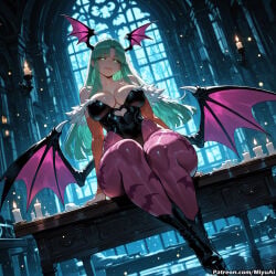 1girl ai_assisted ai_generated animal_print bangs bare_shoulders bat bat_print bat_wings black_footwear black_leotard breasts bridal_gauntlets cleavage collarbone crossed_legs curvaceous curvy curvy_female curvy_figure darkstalkers demon_girl female full_body green_eyes head_wings heart_cutout large_breasts leotard long_hair looking_at_viewer low_wings miyuai moon morrigan_aensland pantyhose print_legwear purple_legwear purple_wings shiny shiny_clothes shiny_hair shiny_skin sitting solo spread_wings strapless succubus thick thick_ass thick_butt thick_hips thick_legs thick_thighs thighs voluptuous voluptuous_female wide_hips wide_thighs window wings