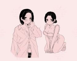 apron blush cleavage demon_slayer double_bun dress_shirt female female_only kanzaki_aoi_(kimetsu_no_yaiba) kimetsu_no_yaiba kneeling medium_breasts monochrome naked_apron oversized_shirt panties pink_background pink_theme solo