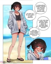 beach brown_hair hoodie kenday70 nervous nervous_smile oc original original_character sandals spanish_dialogue spanish_text swimsuit
