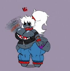 1girls animated ass belly black_body bracelet breasts chain_chomp chain_chomp_chick cleavage collar fat female female_focus female_only fuzefurry hips hyper hyper_ass hyper_breasts jeans jumping large_ass large_breasts mario_(series) nintendo overweight overweight_female panties ponytail sharp_teeth stomach super_mario_bros. thick_thighs underwear waving weight_gain white_hair wide_hips