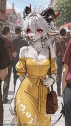 1girl ai_generated animal_ears bag bare_shoulders blush bra_strap bracelet breasts cleavage collarbone day decurse dress earrings floral_print furry furry_female goat_ears goat_girl goat_horns hair_between_eyes handbag heart hoop_earrings horns jewelry medium_breasts mole mole_under_eye multiple_boys necklace off-shoulder_dress off_shoulder outdoors red_eyes shirt short_sleeves solo_focus tail white_fur white_hair wuthering_waves yellow_dress zani_(wuthering_waves)