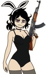 1girl 1girls ak47 ak_47 ashley_graves belly belly_button black_choker breasts bunny_ears bunnysuit choker danger female female_focus female_only legs medium_breasts necklace pink_eyes pussy the_coffin_of_andy_and_leyley thighs waist weapon