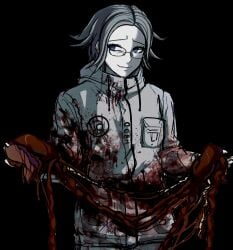 1boy aotsuki_eito black_background blood blood_on_clothes blue_eyes breast_pocket commentary english_commentary guro highres holding_organ jacket kurset_(bloodyzavod) looking_to_the_side male_focus organs outstretched_arms pocket short_hair smirk solo spoilers spread_arms the_hundred_line_-last_defense_academy- white_jacket