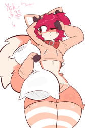 1boy big_legs collar cufowo femboy fur furry legs orange_fur pillow pillow_grab red_eyes red_hair socks sweater thighs