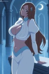 1girl ai_generated bleach breasts brown_eyes brown_hair cleavage cleavage_cutout clothing_cutout crescent_moon crop_top digitalwaifugallery hair_ornament hairpin hi_res high_quality high_resolution indoors inoue_orihime large_breasts long_hair long_skirt long_sleeves looking_at_viewer midriff moon navel parted_bangs parted_lips patreon puffy_sleeves seductive sexy shirt skirt solo standing uncensored watermark white_shirt white_skirt