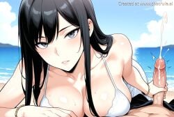 1boy 1boy1girl 1girls ai_generated bracelet breasts cum day dress ejaculation erection handjob jewelry lips looking_at_viewer male ocean outdoors parted_lips penis pov projectile_cum straight veins water
