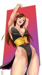 1girls big_breasts black_dress breasts brown_eyes brown_hair chun-li chun-li_(battle_ouffit_sfv) cowboy_shot dress female large_breasts long_hair medium_breasts no_panties santiagodraws street_fighter street_fighter_v