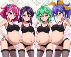 4girls akai_(artist) ass ass_visible_through_thighs belly belly_bulge belly_button black_bra black_stockings bloated bloated_belly breasts celina curvy curvy_female curvy_figure dark_blue_hair female female_focus female_only green_hair hand_on_hip hiiragi_yuzu kurosaki_ruri large_breasts lingerie lingerie_bra lingerie_panties looking_at_viewer lulu_obsidian multiple_girls multiple_pregnancy peace_sign pink_hair ponytail pregnant pregnant_belly pregnant_belly_to_pregnant_belly pregnant_female pregnant_with_multiples purple_hair rin_(yu-gi-oh!_arc-v) serena_(yu-gi-oh!_arc-v) shiny_belly shiny_skin smile smiling smiling_at_viewer stockings thick thick_ass thick_thighs thighhighs thighs wide_hips yu-gi-oh! yu-gi-oh!_arc-v zuzu_boyle
