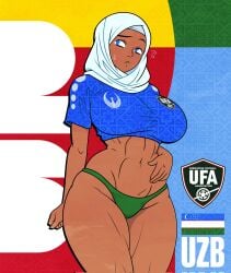 1girls 2020s 2026 2d 2d_(artwork) abs alvarikokearte big_breasts bikini_bottom blue_eyes breasts crop_top dark-skinned_female female female_only hijab national_personification personification png solo toned_female uzbek uzbekistan_(countryhumans) world_cup