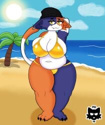 anthro beach big_breasts bikini bikini_bottom bikini_top breasts chubby clothing domestic_cat epic_games felid feline felis female fortnite gold_bikini golden_week huge_breasts mammal meow_skulls_(fortnite) overweight paladyart98 palm_tree sand sea slightly_chubby solo swimwear tail thick_thighs two-piece_swimsuit water
