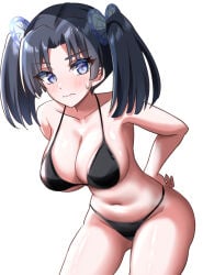 bent_over big_breasts bikini black_bikini black_hair blue_eyes blush butterfly_hair_ornament cleavage demon_slayer embarrassed female female_only frown hands_on_hips hanging_breasts kanzaki_aoi_(kimetsu_no_yaiba) kimetsu_no_yaiba leaning_forward looking_at_viewer medium_hair shiny_skin solo sweatdrop thick_thighs underboob