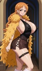 1girls ai_generated big_boobs big_breasts brown_eyes clothing coat curvy curvy_body curvy_female curvy_figure elbaf female female_only fur_coat huge_breasts kyoru189 large_breasts light-skinned_female light_skin long_hair looking_at_viewer mature_female nami_(elbaf) nami_(one_piece) one_piece orange_hair skirt solo solo_female