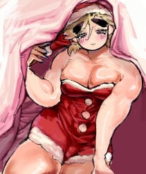 ambush_(trap) blonde_hair blush bulge christmas christmas_outfit crossdressing demon_slayer douma kimetsu_no_yaiba male male_only masculine_crossdresser medium_hair muscular muscular_male pecs pectoral_cleavage pumu_nui rainbow_eyes santa_hat shiny_skin smile solo thick_eyebrows