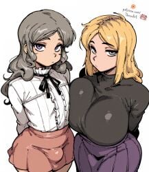 1boy 1girl ai_generated arms_behind_back black_shirt blonde_hair bulge fear_and_hunger fear_and_hunger:_termina flat_chest grey_eyes grey_hair huge_breasts karin_(fear_and_hunger) looking_at_viewer marina_(fear_and_hunger) pink_skirt purple_eyes purple_skirt ribbon roots_(hair) thick_thighs thronart transgender white_shirt wide_hips