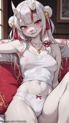 1girl ai_generated bell blush bow_panties breasts covered_nipples decurse double_bun furry furry_female hair_bell hair_bun hair_ornament hololive horns jewelry long_hair looking_at_viewer medium_breasts multicolored_hair nakiri_ayame navel necklace oni_horns panties red_eyes red_hair sitting smile solo streaked_hair underwear virtual_youtuber white_hair white_panties