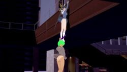 2girls ahoge alex_(cio425) alexandria_"alex"_thorne ass black_hair booty bottomless butt chabashira_tenko cio425 danganronpa danganronpa_v3 dangling embarrassed embarrassed_exposed_female embarrassed_nude_female enf green_eyes green_hair light_skin ponytail pulling_panties tagme tanlines tanned upskirt