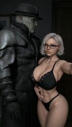 1boy 1girls 3d 3d_(artwork) abs ai_generated big_ass big_breasts bigger_male black_bra black_panties blonde_hair bra busty cleavage clothed_male envia glasses grace_ashcroft high_waisted_panties lingerie medium_hair monster mr_x muscular muscular_female panties platinum_blonde_hair resident_evil resident_evil_9:_requiem selfie short_hair silver_hair thick_legs thick_thighs toned toned_body toned_female tyrant white_hair