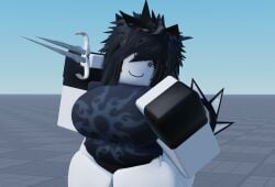 2025 3d ass baseplate belly_button belly_button_visible_through_clothing big_ass big_breasts black_gloves black_hair bottomless breasts chubby clothing crimstuff dagger day fingerless_gloves forsaken_(roblox) gloves hair_covering_eyes hair_over_eyes holding_weapon looking_at_viewer no_pants no_visible_genitalia nonbinary nonbinary_(lore) outdoors roblox roblox_game robloxian shirt short_hair sleeveless sleeveless_shirt smile solo spiky_hair standing tail thick_thighs thighs two_time white_eyes white_skin zaduworkz