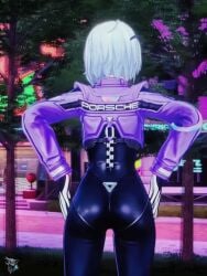 ai_assisted animated ass_focus blue_eyes bodysuit catsuit dance esper_zero_(neverness_to_everness) female female_esper_zero_(neverness_to_everness) female_focus female_only latexlobo leather less_than_30_seconds neverness_to_everness presenting_hindquarters racing_suit silver_hair skin_tight tagme video