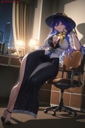 1girl ai_generated bangs black_bra blue_hair breasts cleavage desk gloves hat hi_res high_heels high_quality high_resolution indoors jewelry kiraamane lace large_breasts long_hair looking_at_viewer lucilla_(wuthering_waves) mole patreon seductive sexy solo thighs uncensored watermark wuthering_waves