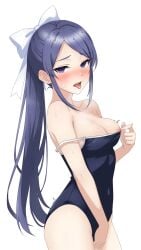 1girl blush bow breasts clothes_pull commentary_request competition_school_swimsuit covered_navel cowboy_shot from_side hair_bow high_ponytail highres hiumi_nanoka large_breasts long_hair looking_at_viewer nipple_stimulation nipple_tweak nipples one-piece_swimsuit_pull open_mouth ponytail purple_eyes purple_hair school_swimsuit shine_post solo sweatdrop swimsuit tongue tongue_out tweaking_own_nipple white_background white_bow yotty0926