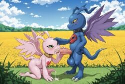 2_toes 3_fingers 3_toes absurd_res ai_generated animal_genitalia animal_penis anthro anthro_on_anthro anthro_penetrated anthro_penetrating anthro_penetrating_anthro balls bandai_namco belt big_balls big_penis black_eyes blue_body blush blush_lines bodily_fluids bone claws cloud cthyllamon cum cum_in_mouth cum_inside cum_on_body cum_on_ground cum_on_hand cum_on_penis digimon digimon_(species) digimon_ghost_game digimon_tamers duo feet fellatio field fingers flower genital_fluids genitals gold_ring grass green_eyes hand_on_penis handjob heart_(marking) hi_res holding_partner's_head huge_balls huge_penis long_ears long_tail looking_at_another looking_at_partner male male/male male_penetrated male_penetrating male_penetrating_male marineangemon mouth_closed notched_wings on_knees oral outside_sex penetration penile penis penis_in_mouth pink_body plant purple_wings sex skull skull_head sky smiling_at_partner standing tail tapering_penis toe_claws toes tongue tongue_out tongue_out_fellatio touching_penis vein veiny_penis wings yellow_sclera yiff_ai_(director)
