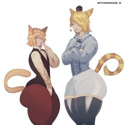 2boys blonde_hair blue_eyes cat_ears cat_tail catboy clothing clothing_swap commission commissioner_upload crown duo facing_each_other femboy fully_clothed fuxkoxide large_ass light-skinned_male light_skin no_sex nyest_(castellangaming) oc royalty size_difference standing striped_tail tail thick_thighs tight_clothing twink