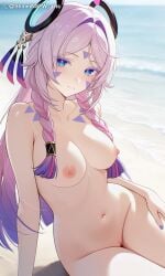 1girls blue_eyes breasts citlali_(genshin_impact) genshin_impact looking_at_viewer nipples pink_hair pussy shineinsfw sitting smile solo uncensored wet