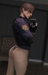 1boy 3d big_ass big_ass_(male) big_butt brunette camera elbow_pads embercock emberstock fingerless_gloves leon_scott_kennedy leon_scott_kennedy_(eduard_badaluta) light-skinned_male light_skin male male_only mirror_selfie panties police police_uniform resident_evil resident_evil_2 selfie short_hair solo solo_male thick_thighs twink