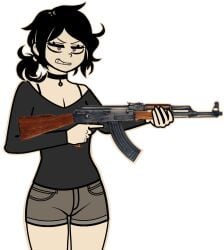 ak47 ak_47 angry angry_expression angry_eyes angry_face ashley_graves black_choker black_hair breasts choker legs the_coffin_of_andy_and_leyley thighs weapon