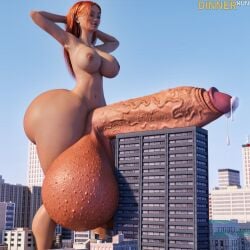 buildings city city_background cityscape dinner-kun ejaculation futa_giantess futa_only futanari giantess giantess_futa giantess_futanari gigantic_balls gigantic_cock gigantic_penis gigantic_testicles hands_behind_head handsfree_ejaculation julia_(dinner-kun) veiny_cock veiny_penis