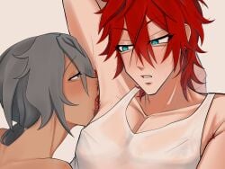 amagi_rinne arm_up armpit armpit_fetish armpit_hair armpit_licking armpit_sniffing armpits blue_eyes blush blushing cyan_eyes dazed earrings ensemble_stars! gray_hair hairy_armpits licking_armpit muscles niki_shiina nipple_outline nipples pecs pointy_nipples raised_eyebrows raising_arm red_hair rinne_amagi shiina_niki sniffing_armpit sweat sweaty tank_top tied_hair