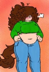 belly belly_button big_belly big_breasts big_thighs blush blushing brown_hair chubby chubby_female chubby_girl chubby_woman fluffy fluffy_tail green_clothing jeans sfw struggling tail