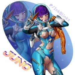 1girl 1girls alien alien/human alien_girl armor armored_female armored_gloves artist_name artist_signature artist_upload background blue_bodysuit blue_clothes blue_clothing bodysuit boob_window boobs boobs_out breasts breasts_apart breasts_out female female_focus female_human female_only fit fit_body fit_female helmet inkblinkz jacket jacket_on_shoulders jacket_open jacket_removed juno_(overwatch) latex latex_bodysuit latex_clothing latex_gloves latex_legwear latex_suit makeup makeup, martian multicolored_hair orange_clothing overwatch overwatch_2 patreon patreon_artist patreon_username petite petite_body petite_breasts petite_female petite_girl petite_tits pose posing posing_for_the_viewer purple_hair red_eyes ripped_bodysuit ripped_clothes ripped_clothing ripped_pants ripping_clothing salute self_upload slim slim_female slim_girl slim_waist solo solo_female solo_focus tits torn_bodysuit torn_clothes torn_clothing