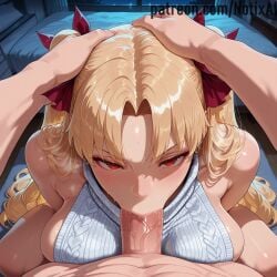 1boy 1girl 1girls ai_generated big_ass big_breasts blonde blonde_female blonde_hair busty busty_female curvaceous curvy curvy_female curvy_figure deepthroat ereshkigal_(fate) fate/grand_order fate_(series) fellatio female fgo from_above huge_ass huge_breasts large_ass large_breasts long_hair notix oral red_eyes sweater thick thick_legs thick_thighs thighs twintails two_side_up very_long_hair virgin_killer_sweater white_sweater