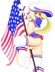 1boy american_flag american_flag_bikini androgynous balls cheer_outfit cheerleader cheerleader_uniform cowboy_hat erection femboy femboy_stripper feminine_male girly looking_at_viewer looking_back male male_cheerleader male_only male_stripper necrosmos penis penis_under_skirt stripper_pole testicles thighhighs trap