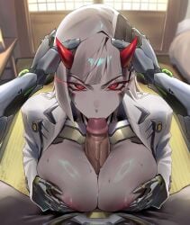 1boy 1girls ai_assisted ai_generated armor cheating cleavage cyborg fellatio futanari genji gooonetteai hands_on_another's_head horns implied_futa long_hair male_pov mechanical_arms naughty_face netorare oni_horns overwatch paizuri pale_skin penis_on_face red_eyes robot_girl robot_joints shion_(overwatch) trans_woman white_hair