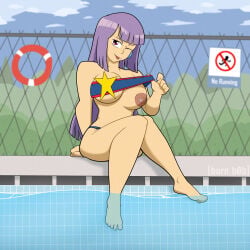 1girls burnbob color flashing flashing_breasts gundam gundam_zz nipple_piercing pool purple_hair red_eyes roux_louka swimsuit tongue_out wink