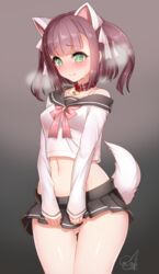 1girls animal_ears ass_visible_through_thighs azur_lane bangs belt_collar black_background black_skirt blunt_bangs blush bow bowtie breasts breath brown_hair closed_mouth collar collarbone crop_top dog_ears dog_tail doyouwantto embarrassed eyebrows_visible_through_hair female gradient gradient_background green_eyes grey_background hair_ribbon legs_together light-skinned_female light_skin long_sleeves looking_down medium_hair microskirt midriff navel nose_blush off_shoulder petite pink_neckwear pleated_skirt pussy_juice red_collar ribbon sailor_collar sakura_empire_(azur_lane) school_uniform serafuku shiny shiny_hair shiny_skin shiratsuyu_(azur_lane) sidelocks signature single_bare_shoulder skirt small_breasts solo standing stomach sweat tail thigh_gap two_side_up v_arms white_ribbon