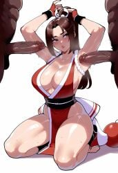 1girl 2boys ai_generated armpit_sex armpits arms_up bare_shoulders black_socks blacked blush breasts brown_eyes brown_hair bunnyart02 cleavage clothed_female_nude_male clothing dark-skinned_male dark_skin erection fatal_fury female fingerless_gloves gloves group_sex hetero high_ponytail interracial japanese_clothes king_of_fighters kneeling large_breasts large_penis long_hair mai_shiranui male male_pubic_hair mmf_threesome multiple_boys muscular ninja nude obi parted_bangs parted_lips pelvic_curtain penis ponytail precum pubic_hair revealing_clothes rope sash seiza shiranui_mai sideboob simple_background sitting socks solo_focus sweat testicles thick_thighs thighs threesome toeless_legwear veins veiny_penis white_background