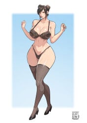 1girls big_breasts black_lingerie black_thighhighs breasts breasts_out brown_eyes brown_hair chun-li cirenk exposed_breasts female hairbun lace_bra large_breasts lingerie long_hair street_fighter thighhighs underwear variant_set