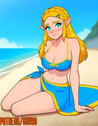 1girl 1girls ai_generated beach bikini blonde_hair guy90 large_breasts ocean princess_zelda sand solo teal_eyes the_legend_of_zelda