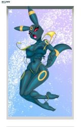 anklet anthro areola arm_under_breasts big_breasts bikini black_areola black_body black_eyes black_fur black_nipples black_nose border breasts clothing colored_nails eeveelution exposed_breasts eyelashes facial_markings feet female forehead_markings front_view fur generation_2_pokemon head_markings hi_res hiliwd jewelry looking_at_viewer markings nails navel nintendo nipples open_mouth pokemon pokemon_(species) red_sclera solo swimwear thick_thighs two-piece_swimsuit umbreon wardrobe_malfunction white_border wide_hips yellow_bikini yellow_clothing yellow_markings yellow_nails yellow_swimwear