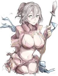 armor bra effie_(fire_emblem) female fire_emblem fire_emblem_fates green_eyes huge_breasts jackii lance ribbon short_hair silver_hair solo