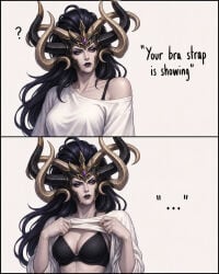 1girls ai_generated bra bra_strap_is_showing_(meme) dark_elf druchii elf elf_ears elf_female elf_girl english english_dialogue english_text flashing flashing_bra looking_at_viewer morathi solo solo_female tagme warhammer_(franchise) warhammer_fantasy