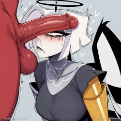 1boy 1girl ai_generated angel black_dress black_halo blush breasts colored_skin dark_halo demon demon_boy demon_girl erection grey_background halo hazbin_hotel heart hetero huge_penis large_breasts large_penis looking_at_penis lustful_mind lute_(hazbin_hotel) nude patreon_username penis penis_awe penis_on_face precum red_skin short_hair simple_background snot solo_focus sweat testicles trembling uncensored veins veiny_penis white_hair white_skin wings yellow_eyes