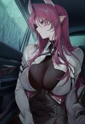 1girl 1girls absurd_res breasts car_interior character_request closed_mouth commission elf_ears female female_focus highres horns indie_virtual_youtuber indoors large_breasts long_hair long_sleeves looking_to_the_side marse_(rokudaime) pointy_ears purple_eyes purple_hair skeb_commission solo solo_female tail virtual_youtuber white_horns