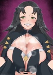 1boy 1girl :d absurdres bar_censor black_background black_dress blush breasts breasts_squeezed_together censored cleavage cleavage_cutout clothed_female_nude_male clothing_cutout collarbone commentary_request dress gradient_background gradient_hair green_eyes hetero highres kenja_panda large_breasts long_hair long_sleeves looking_at_viewer mera_(mugen_gacha) motion_lines mugen_gacha multicolored_hair nude paizuri paizuri_under_clothes penis pov pov_crotch purple_background red_hair sharp_teeth shiny_lips shiny_skin sleeves_past_fingers sleeves_past_wrists small_penis smile solo_focus steam steaming_body teeth upper_body very_long_hair