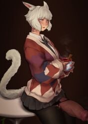 animal_ears cup final_fantasy_xiv futanari miqo'te sweater tail torn_clothing torn_pantyhose y'shtola ztyoho